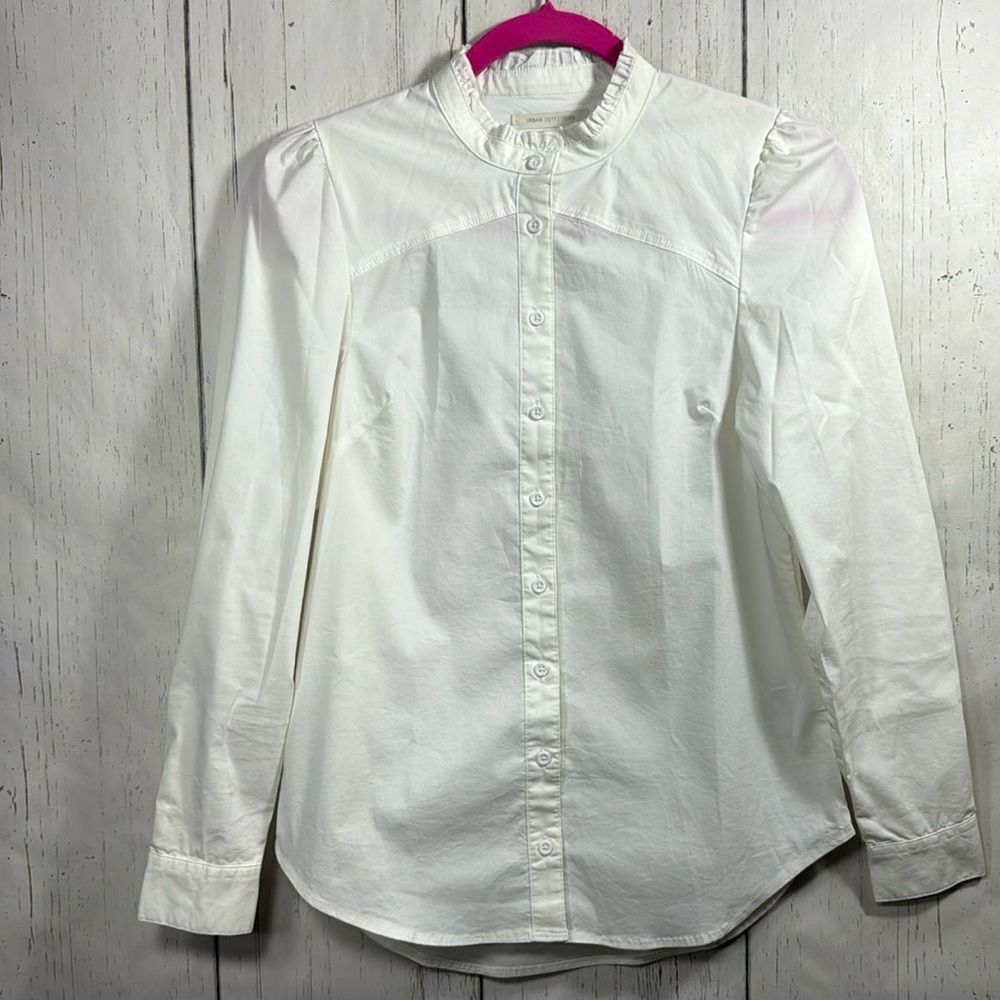 Urban Outfitters White Ruffle Collar Button Up Blouse Cottagecore Preppy Size XS